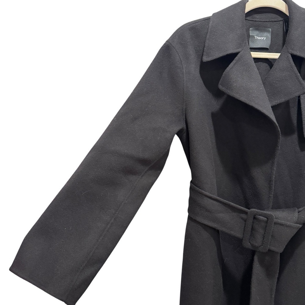 NWT Theory Long Wrap Belted Trench Coat Wool Cashmere Black Sz M - Picture 7 of 16